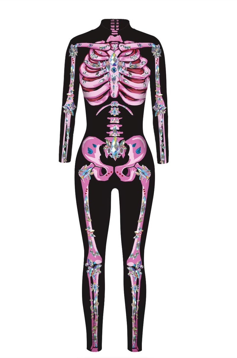 URVIP Women Halloween Skeleton Costume Stretch Skinny Catsuit Jumpsuit Bodysuit Color-BAX-084 L - Image 3